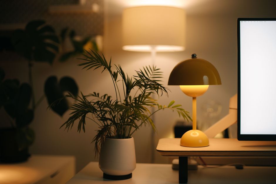A cozy home office desk setup with warm lighting, featuring a plant and modern lamp.
