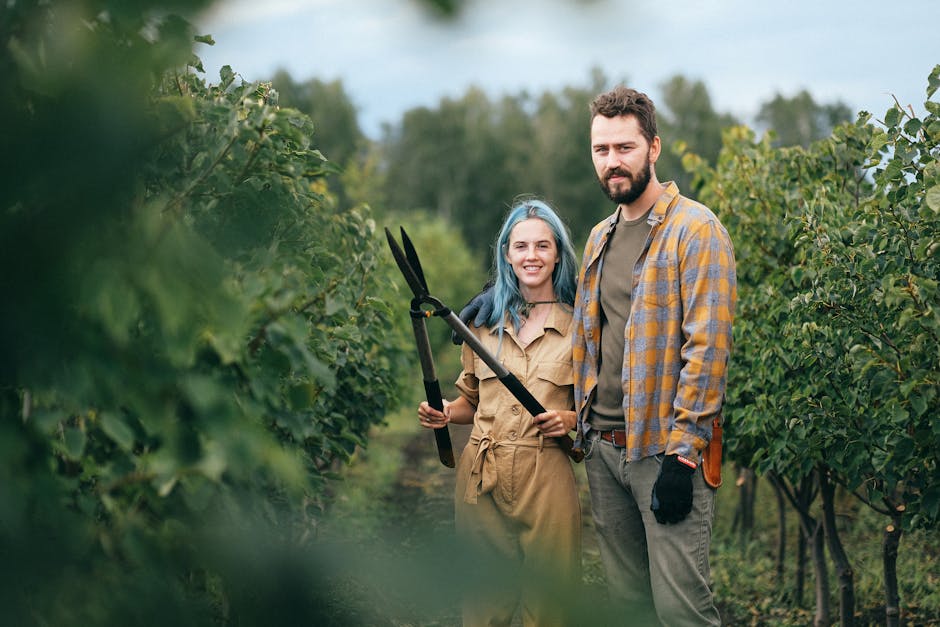 Smiling couple holding shears in a vibrant orchard, showcasing teamwork and nature.